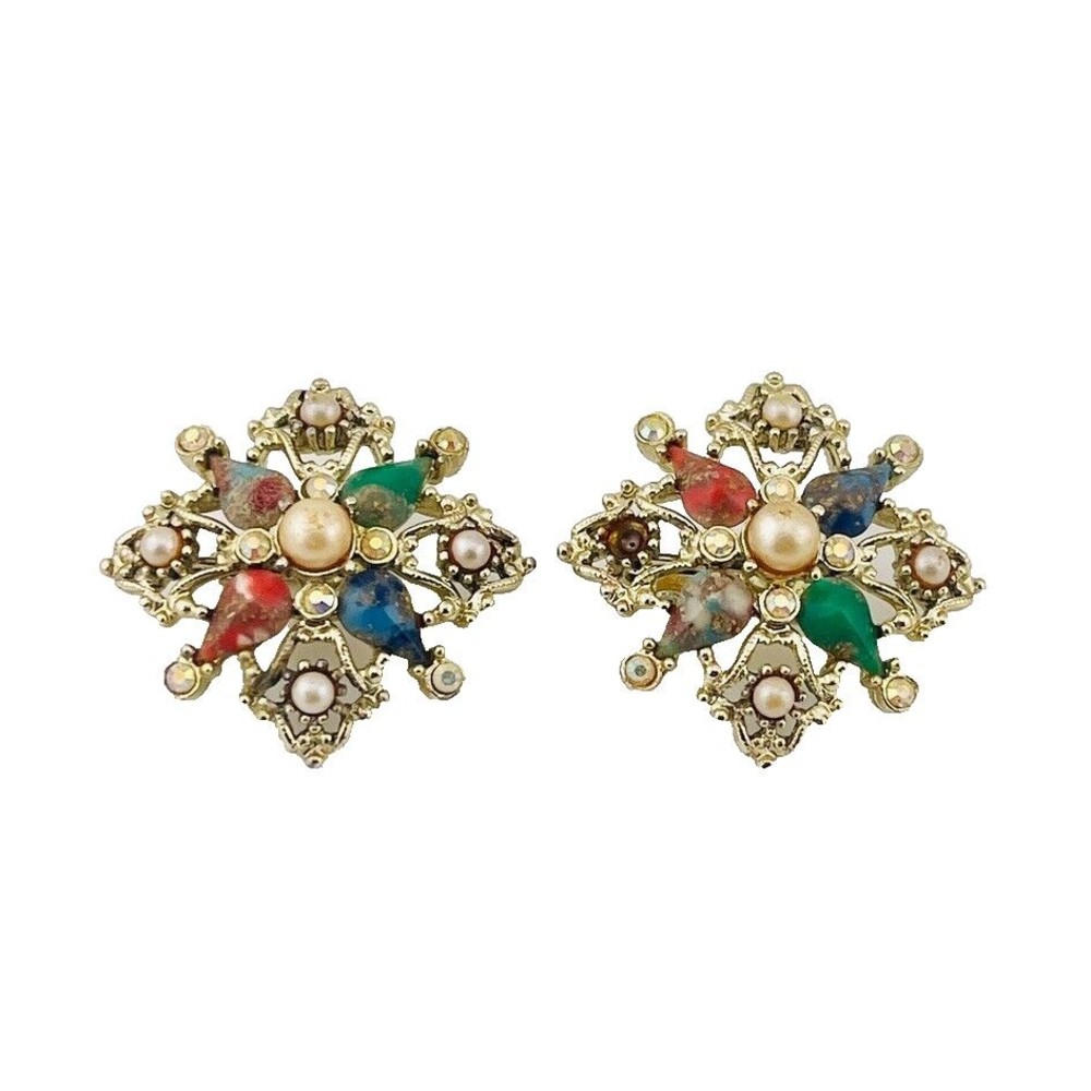 Sarah Coventry Clip-on Earrings Pearls Rainbow Cabochon Gold Tone Signed Vintage